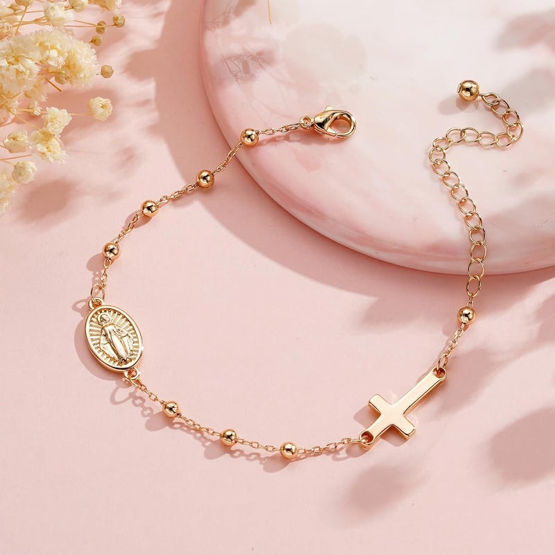 VULETO Catholic Virgin Mary Cross Bracelet Gifts for Girls Teens Women, Rosary Beads Charm Link Chain Bracelet Christmas Christian Religious Jewelry Gifts - Image 2